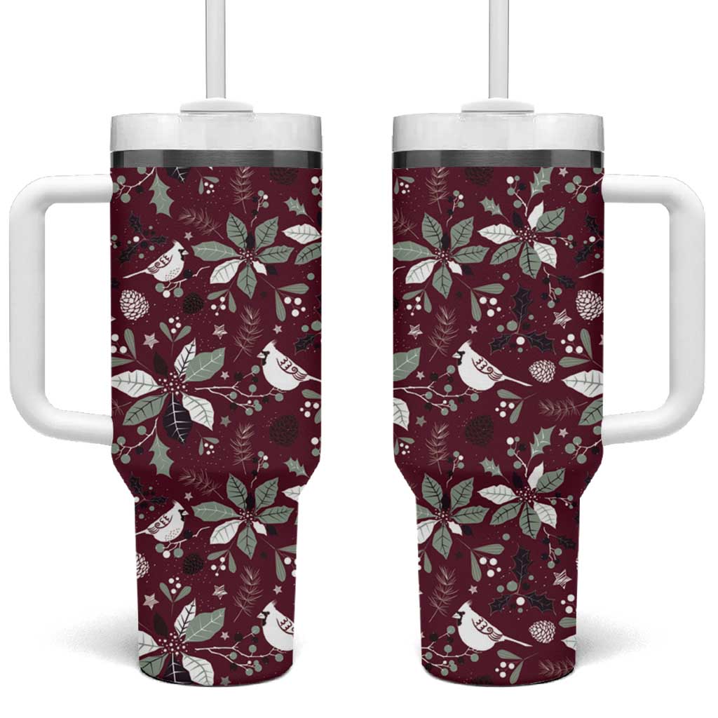 Wine red Christmas tumbler with handle, clear straw, and white holiday pattern