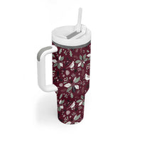 Wine red tumbler with handle and clear straw, white Christmas pattern on side
