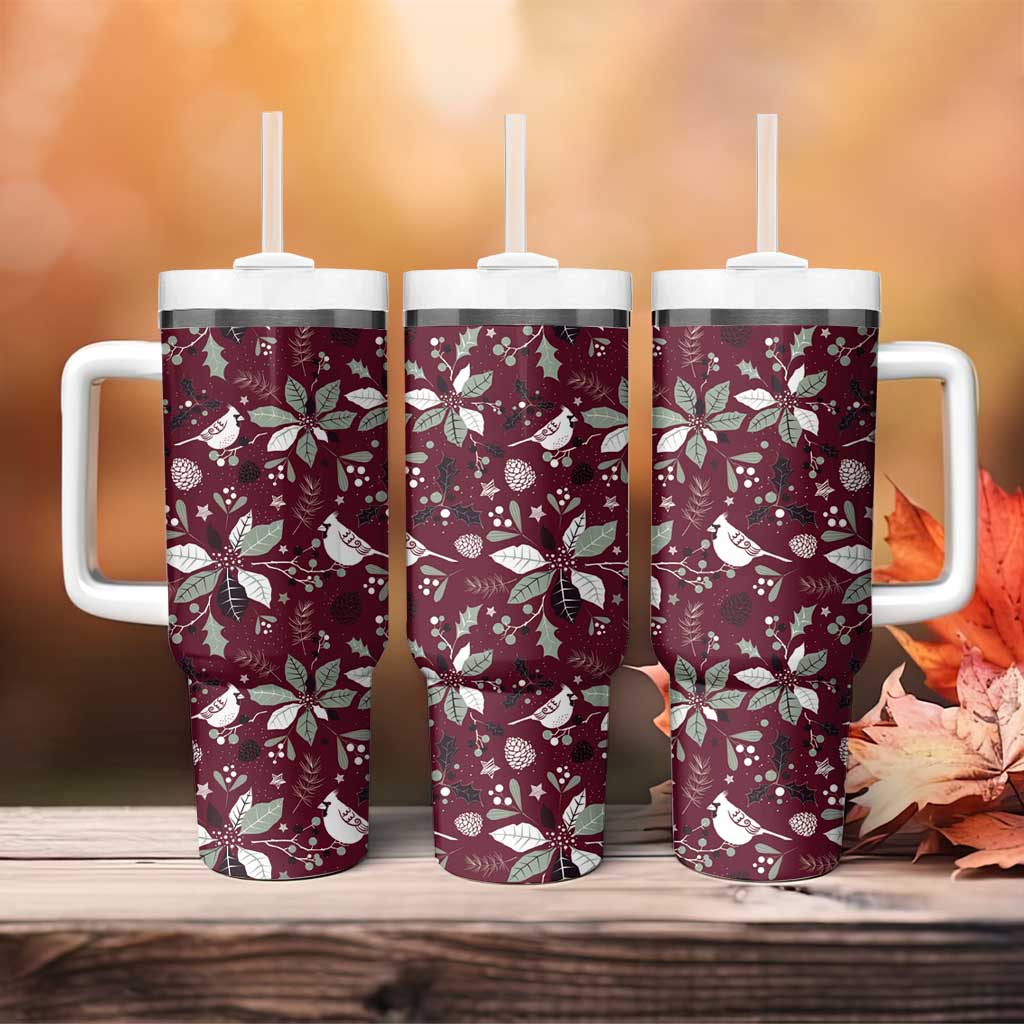 Set of three wine red handled tumblers with clear straws and white holiday pattern