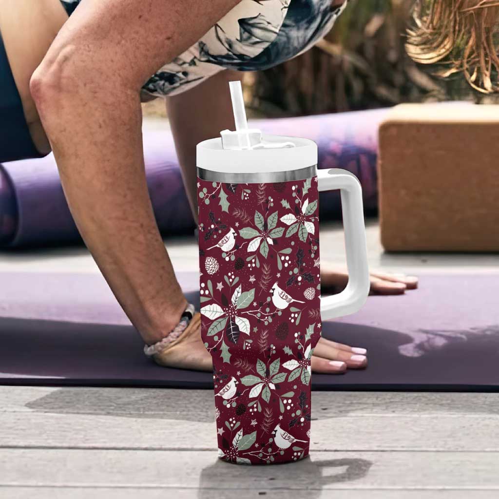 Wine red tumbler with handle and clear straw, white holiday pattern design