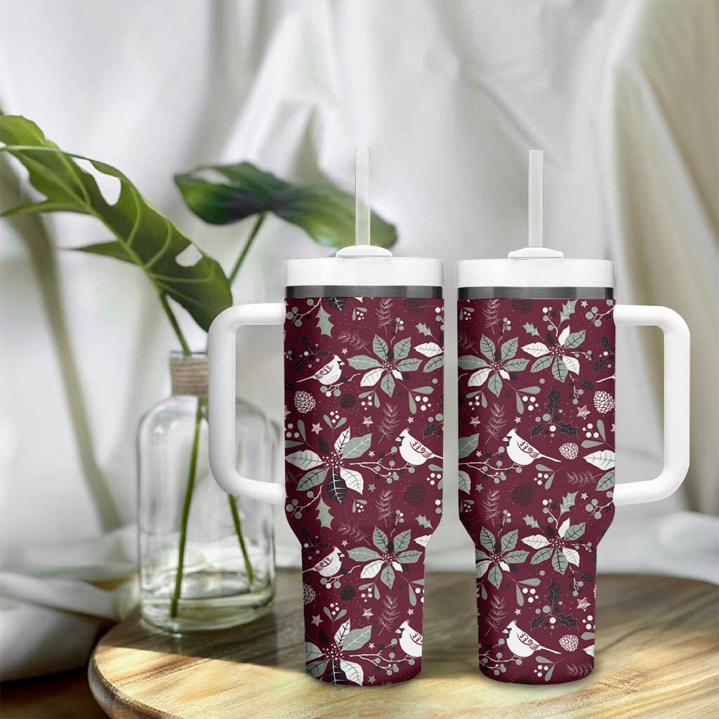 Pair of wine red handled tumblers with clear straws and white holiday pattern