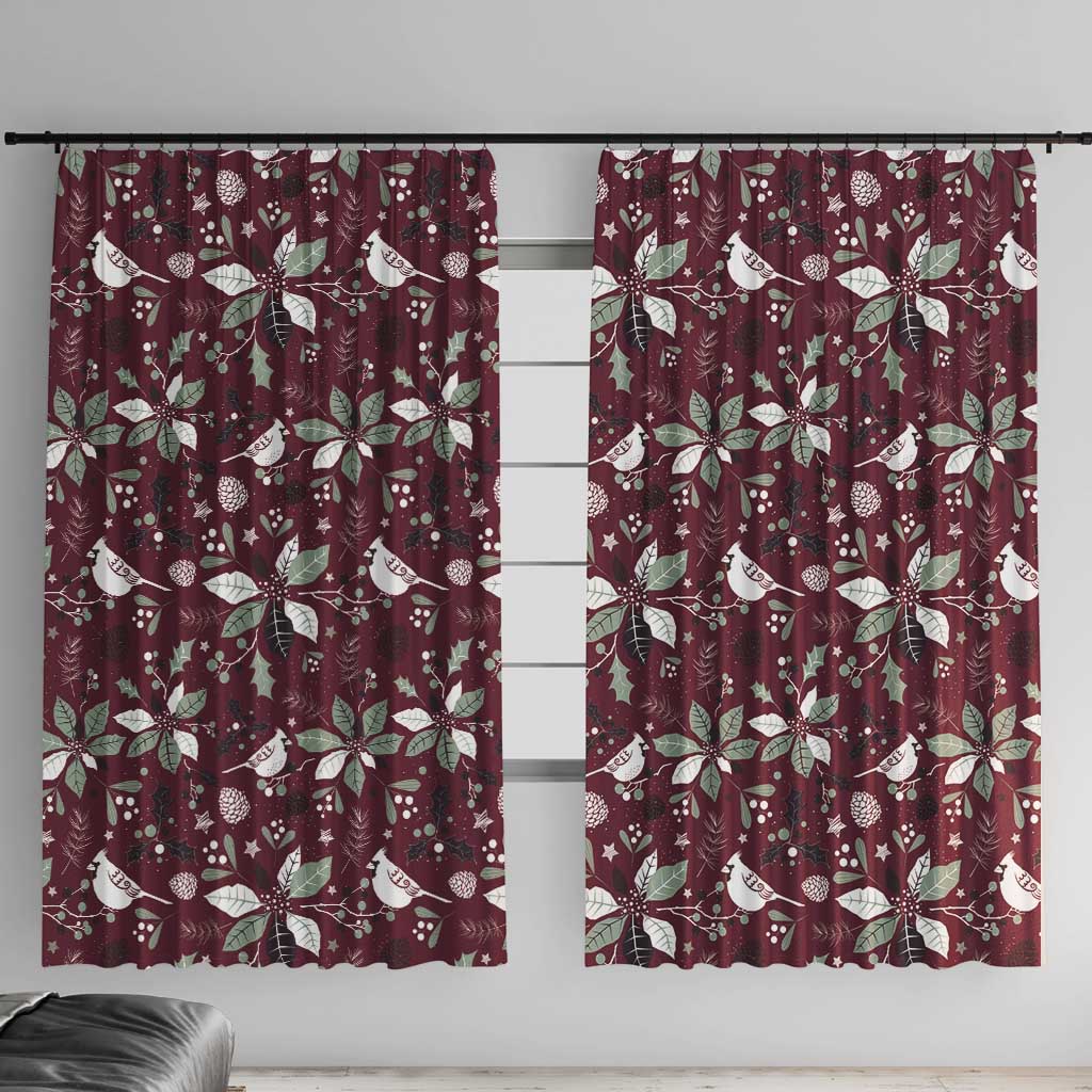 Wine red window curtain panels with white holiday leaf and ornament pattern
