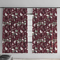Wine red window curtain panels with white holiday leaf and ornament pattern
