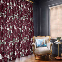 Wine red curtain panel with white holiday leaf and ornament pattern