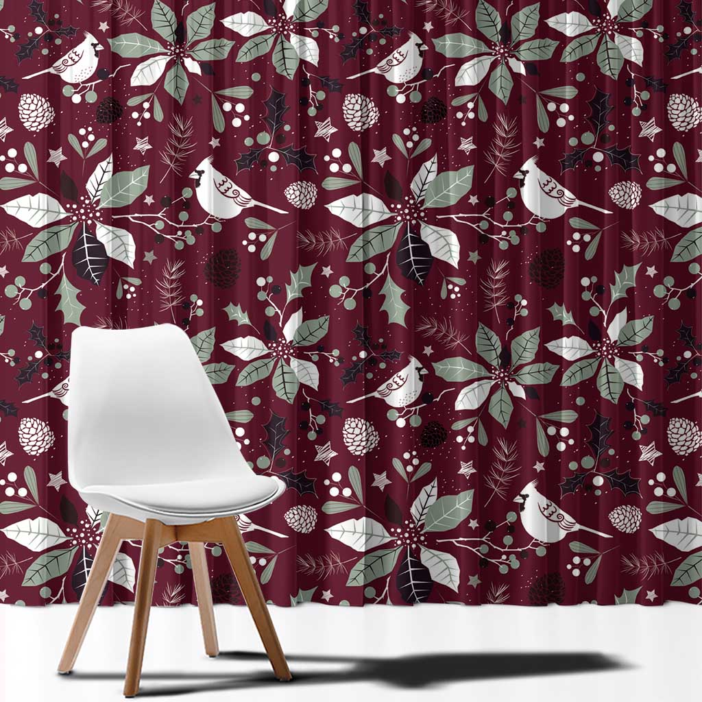 Wine red curtain panel with white holiday leaf, poinsettia, and ornament motifs