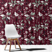 Wine red curtain panel with white holiday leaf, poinsettia, and ornament motifs