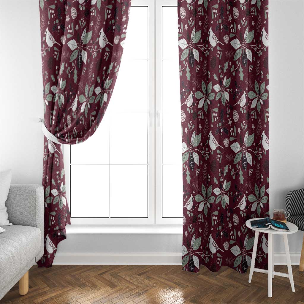 Wine red window curtain set with white holiday leaf and ornament pattern
