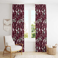 Wine red curtain panels with white holiday leaf and ornament pattern, wide hanging panels