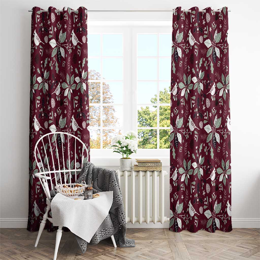 Wine red curtain panels with repeating white holiday leaf and ornament motif