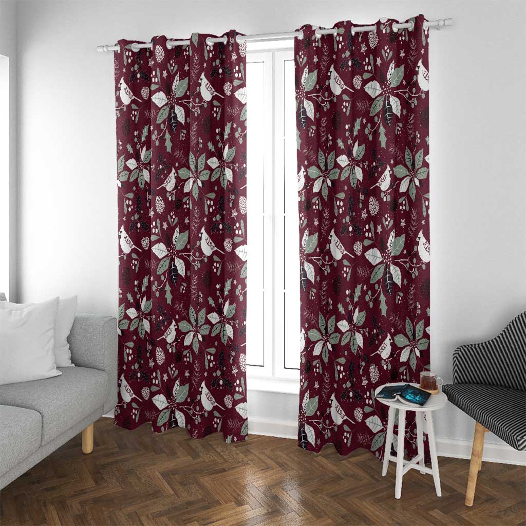 Wine red curtain panels with white holiday leaf and ornament print, rod-hung header