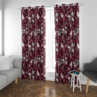 Wine red curtain panels with white holiday leaf and ornament print, rod-hung header