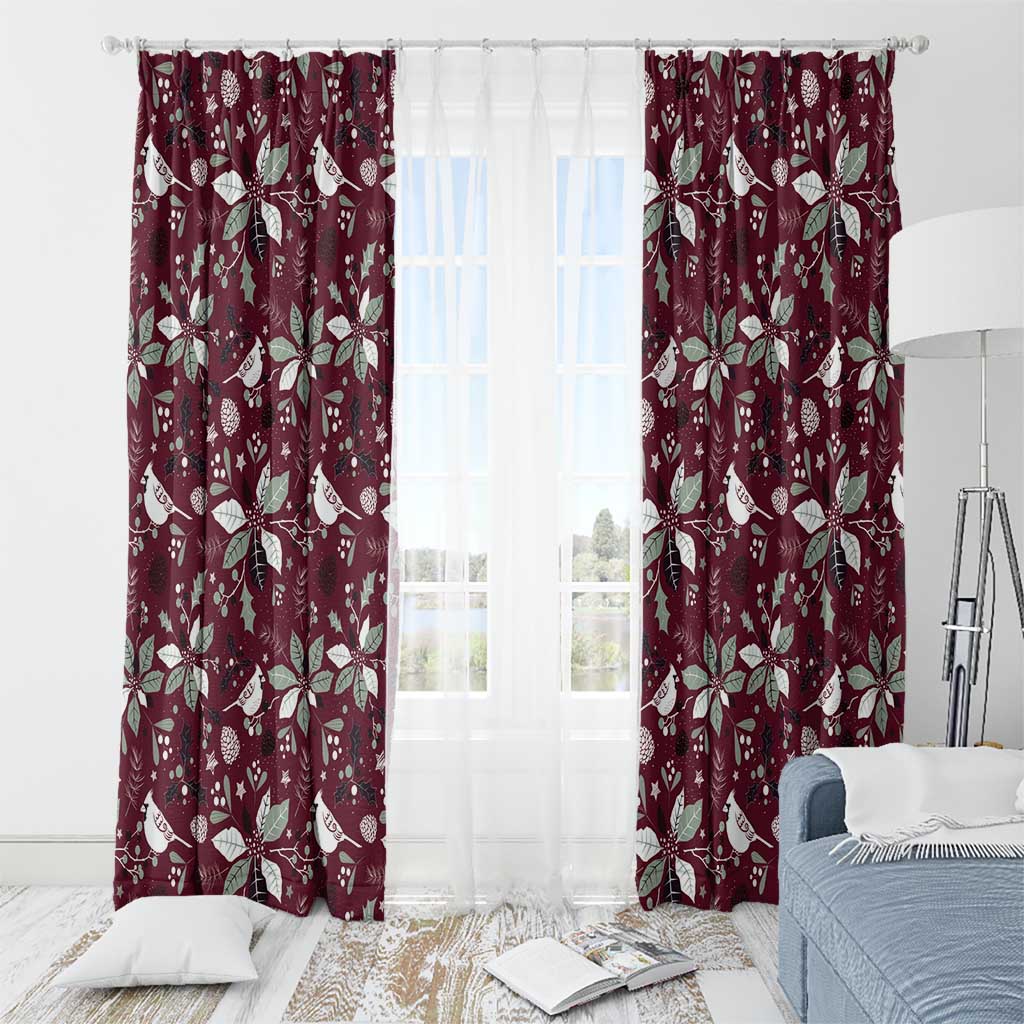 Wine red window curtains with white holiday leaf and ornament pattern, rod-hung panels