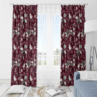 Wine red window curtains with white holiday leaf and ornament pattern, rod-hung panels
