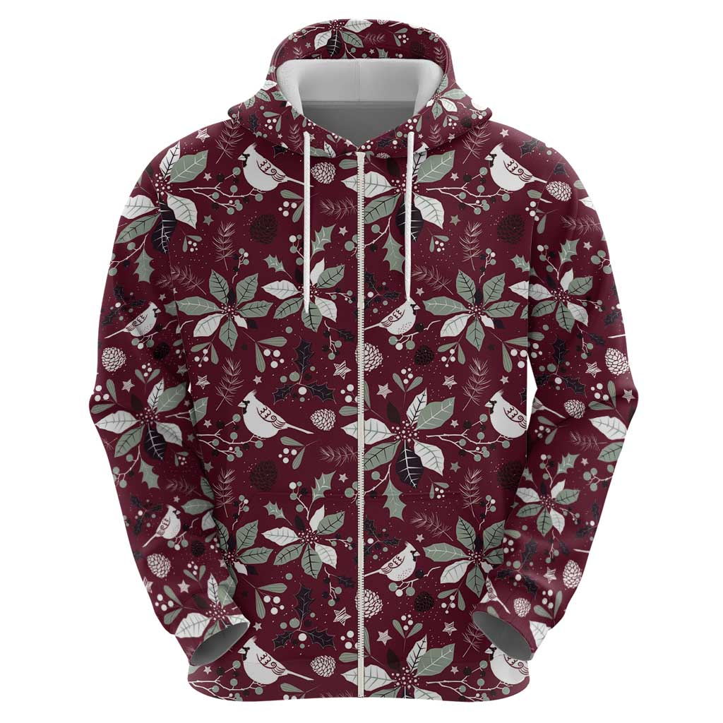 Wine red zip hoodie with front zipper and hood; bird-and-leaf holiday print