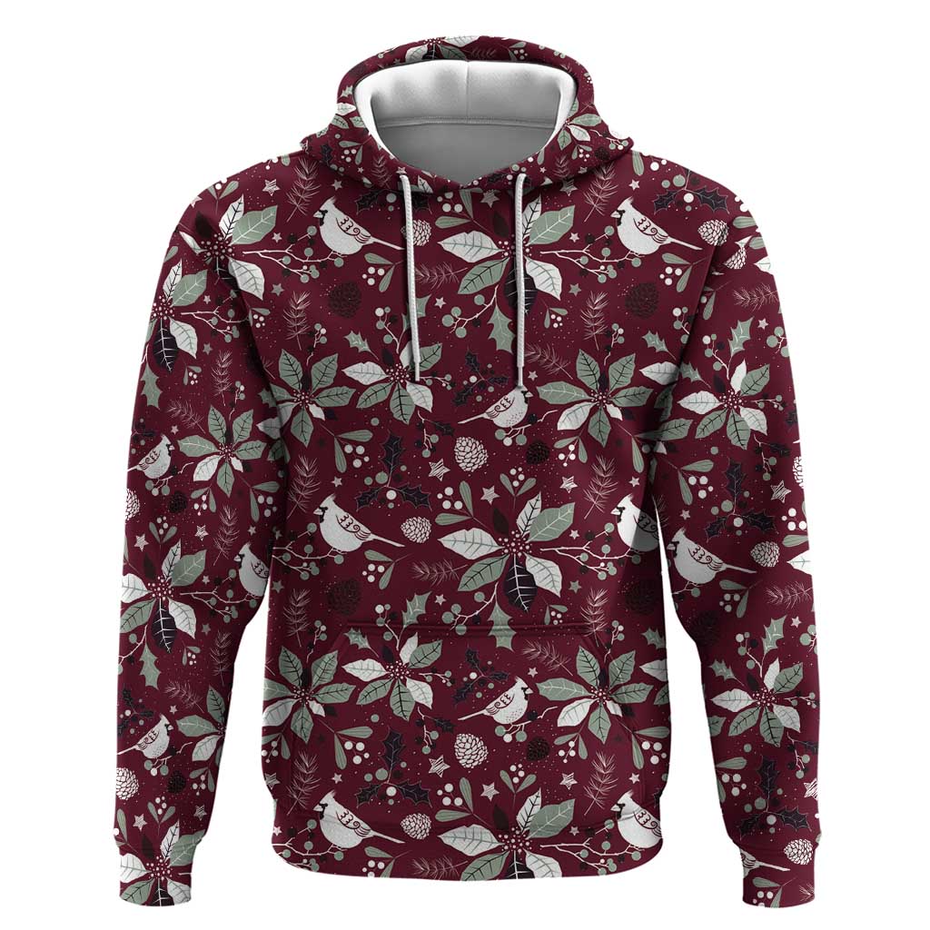 Wine red zip hoodie with hood and kangaroo pocket; holiday pattern