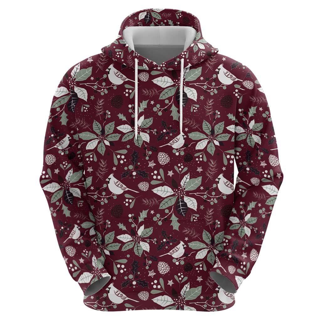 Wine red zip hoodie with hood and front zipper; all-over holiday bird and poinsettia print