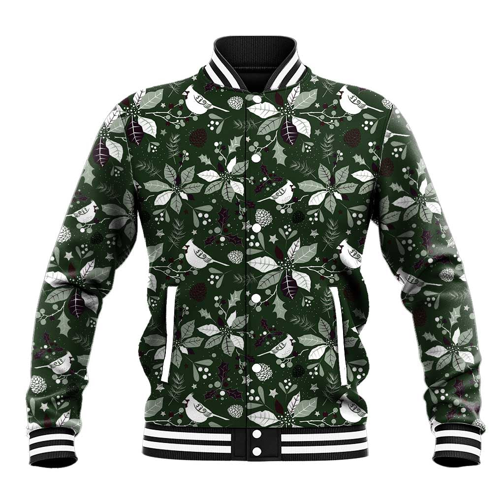 Unisex green baseball jacket with Christmas leaf/bird pattern, snap front, striped rib cuffs