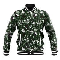 Unisex green baseball jacket with Christmas leaf/bird pattern, snap front, striped rib cuffs