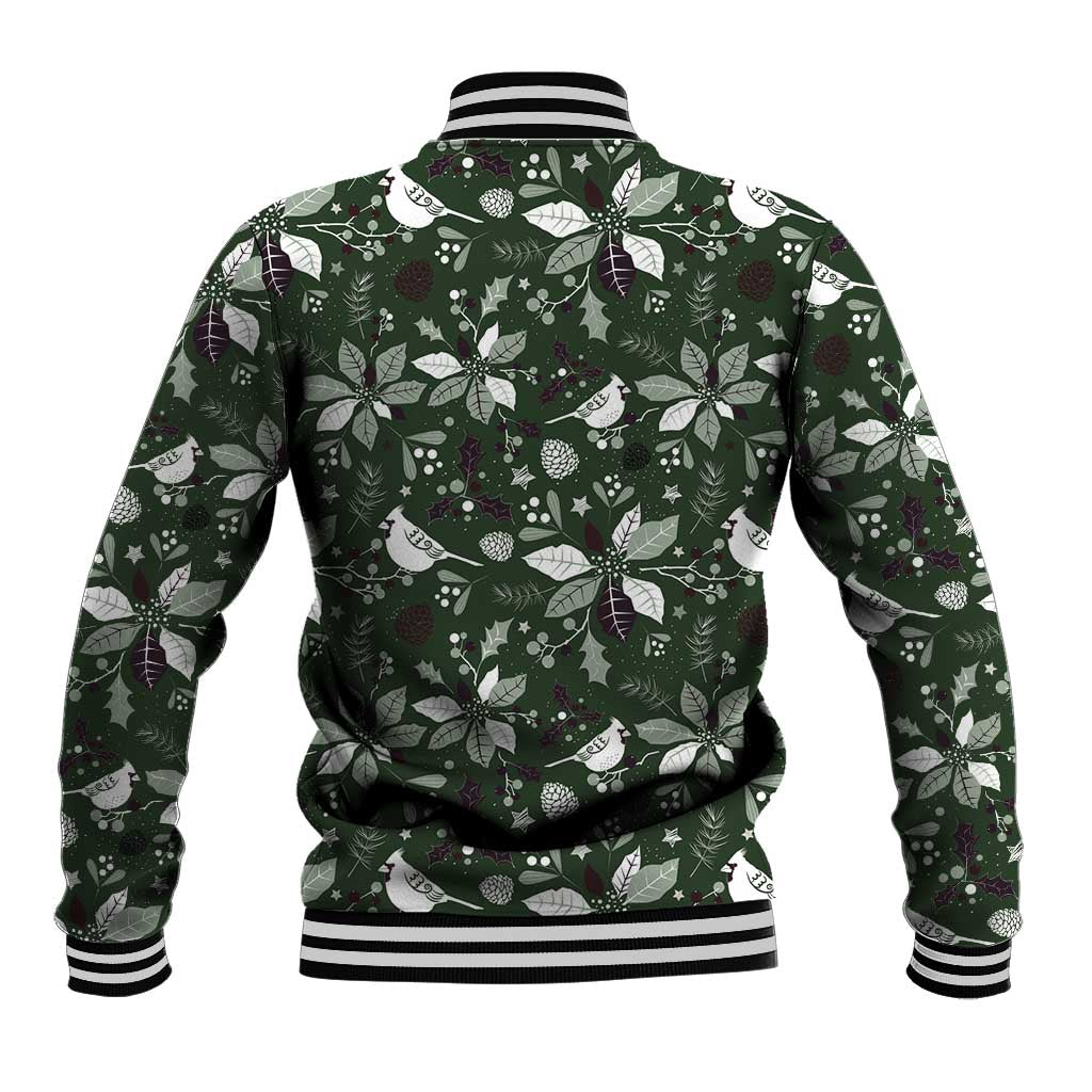Unisex green baseball jacket with Christmas leaf/bird pattern, striped rib collar and hem