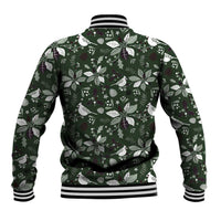 Unisex green baseball jacket with Christmas leaf/bird pattern, striped rib collar and hem