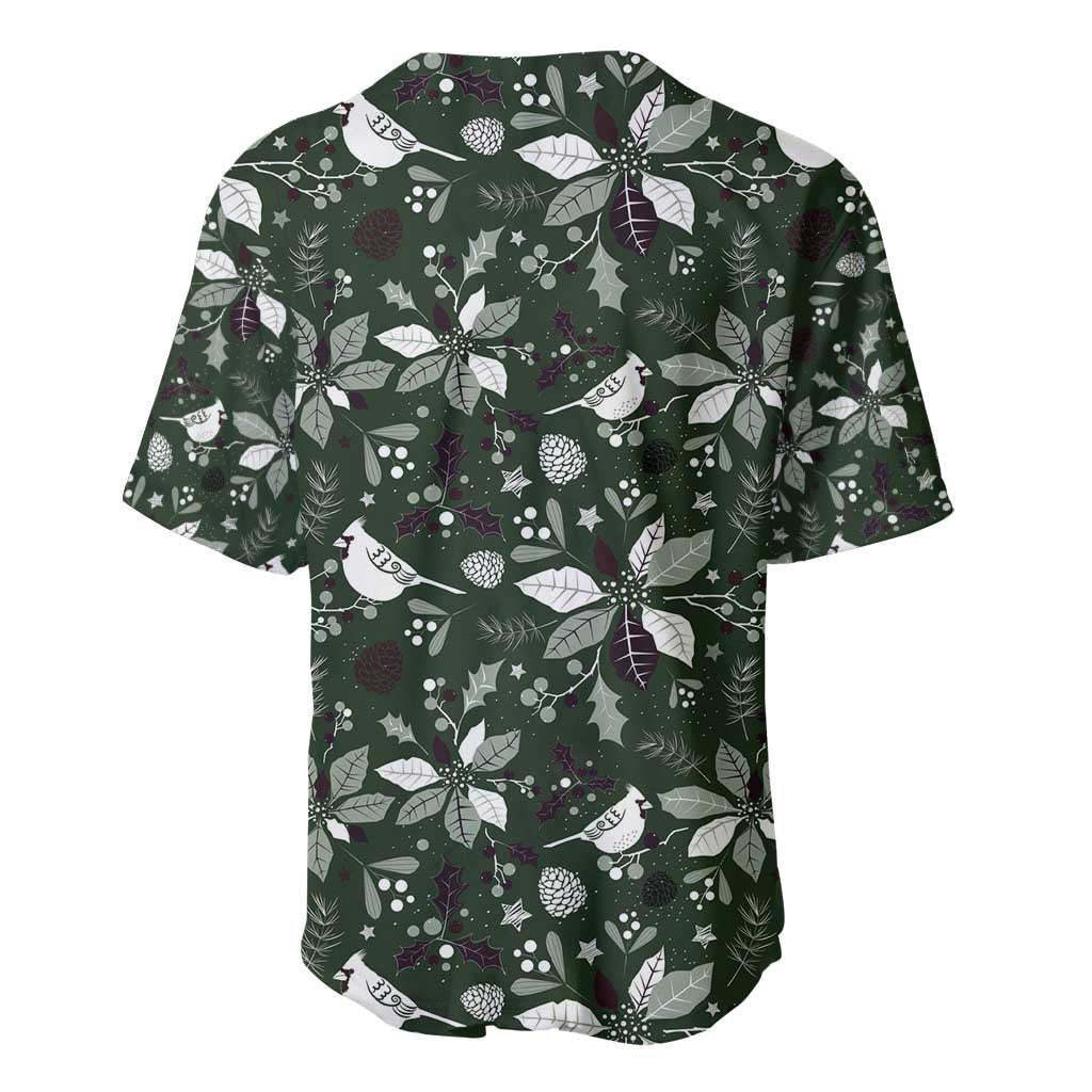 Green holiday baseball jersey with repeating trees, stars, and bird motifs