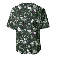 Green holiday baseball jersey with repeating trees, stars, and bird motifs