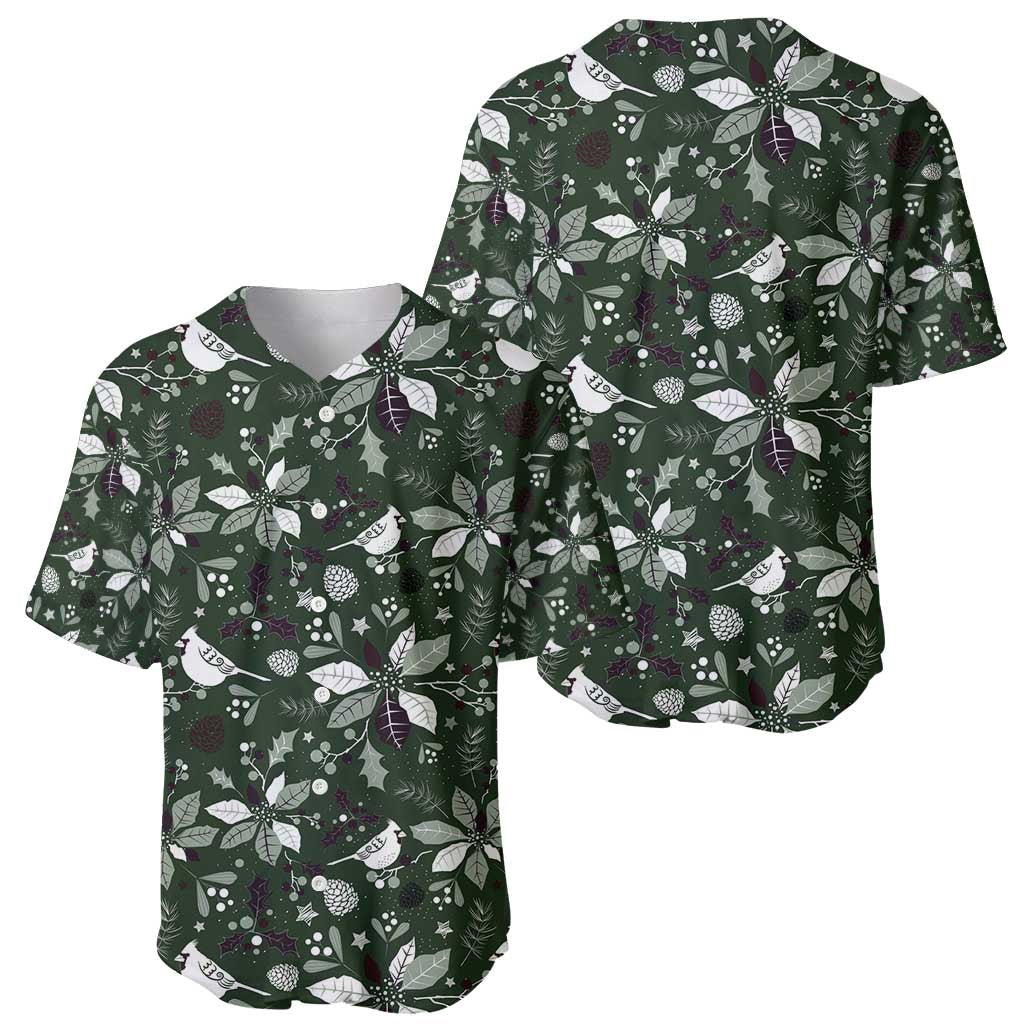 Two green Christmas baseball jerseys with leaf, pine, and bird allover print