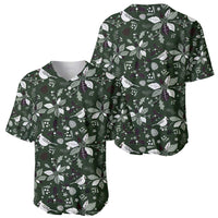 Two green Christmas baseball jerseys with leaf, pine, and bird allover print