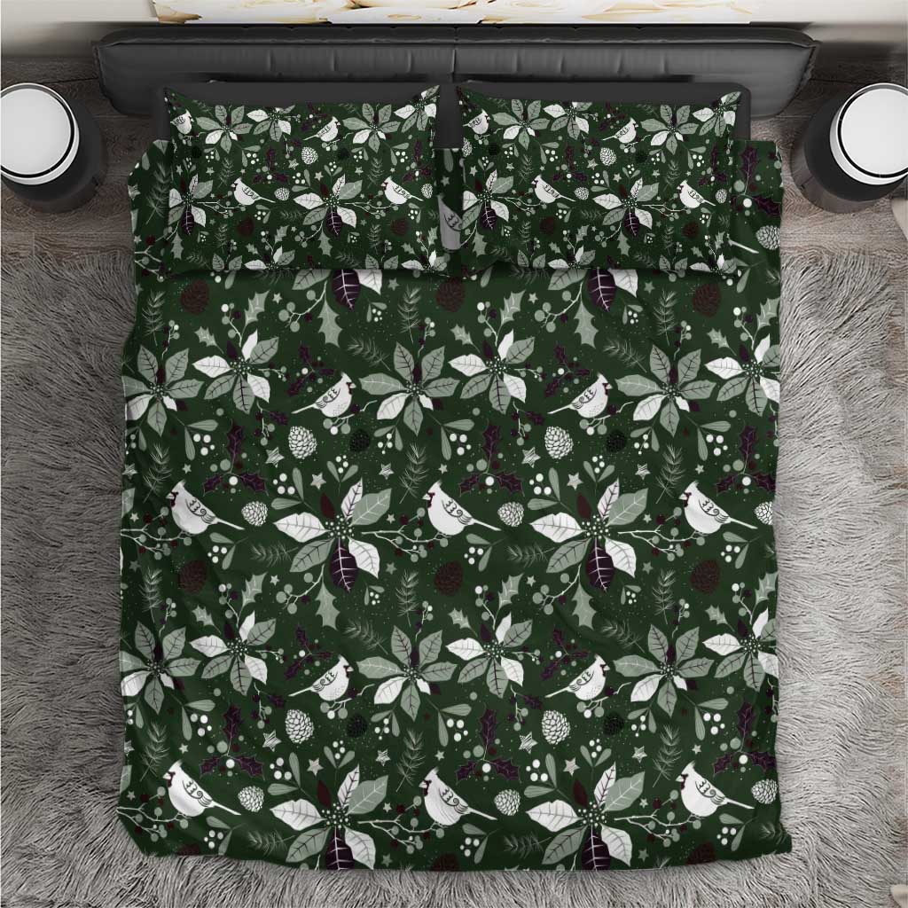 Green duvet cover bedding set with Christmas leaf and bird pattern, top view