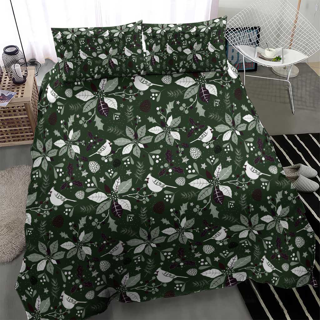 Green duvet cover bedding set with repeating leaf, bird, and berry motif
