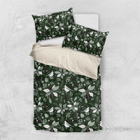 Green duvet cover bedding set with pillowcases, Christmas leaf and bird design