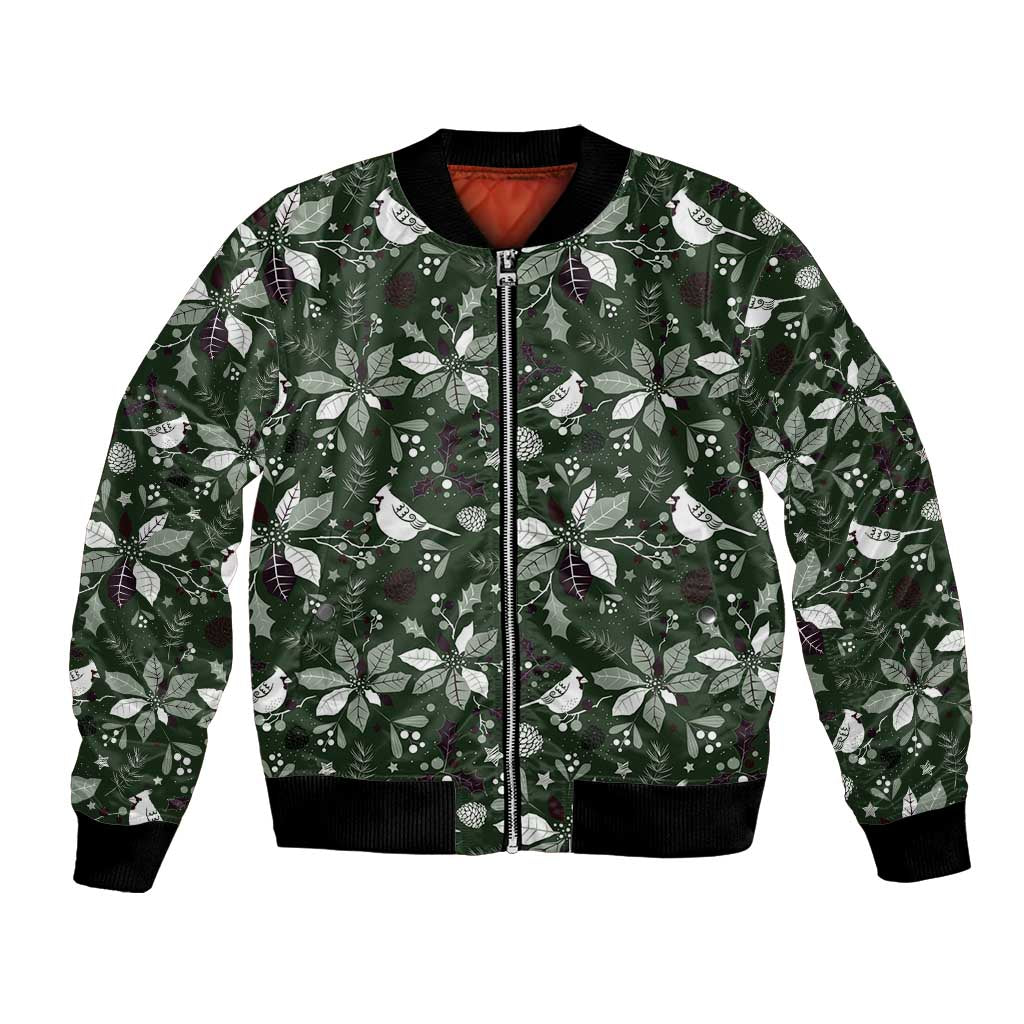 Green bomber jacket with festive leaf and bird pattern, front zipper and ribbed cuffs