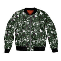 Green bomber jacket with festive leaf and bird pattern, front zipper and ribbed cuffs