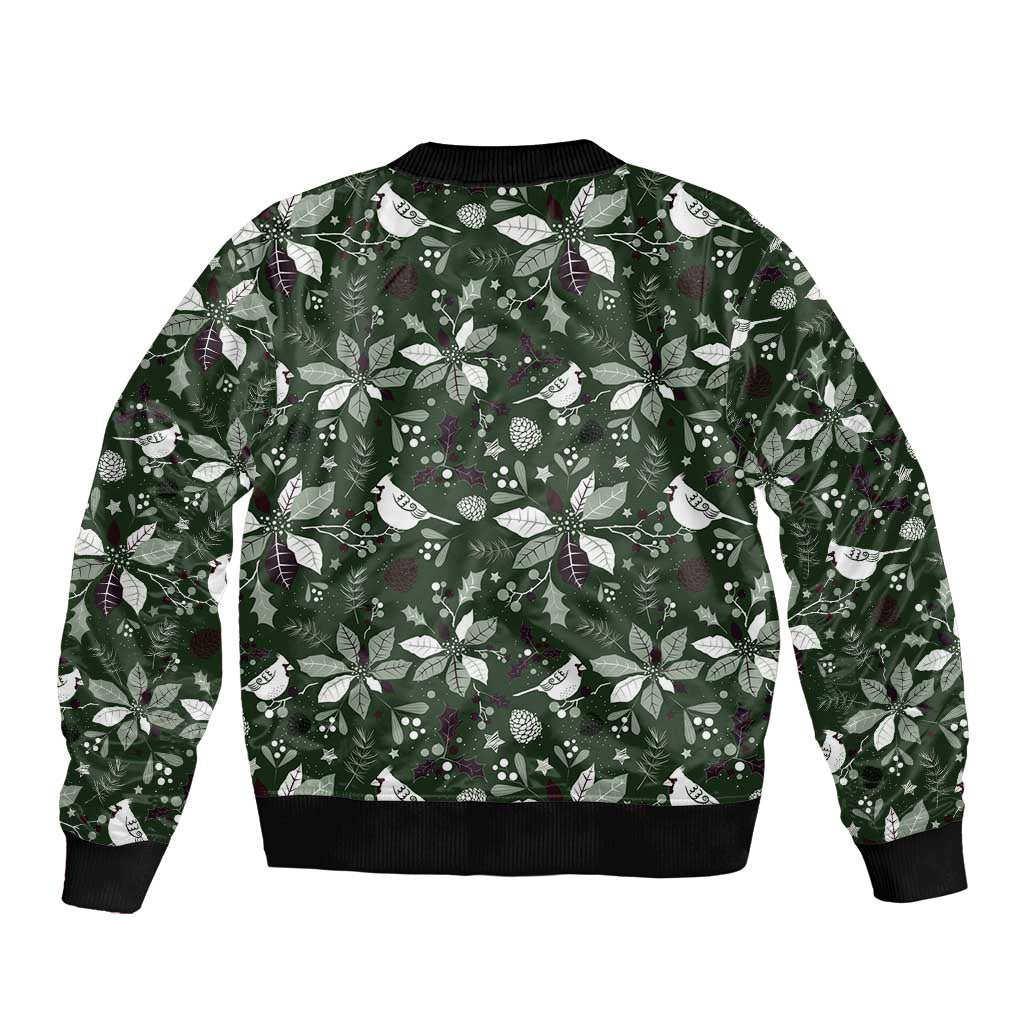 Green bomber jacket with festive leaf and bird pattern, ribbed hem and crew collar