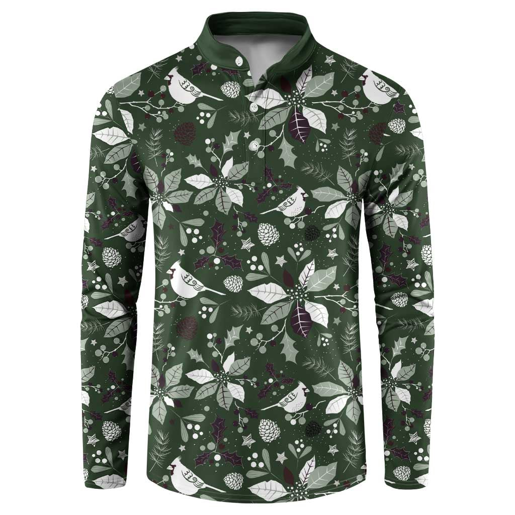 Green button sweatshirt with Christmas birds and leaf pattern, long sleeves