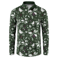 Green button sweatshirt with Christmas birds and leaf pattern, long sleeves