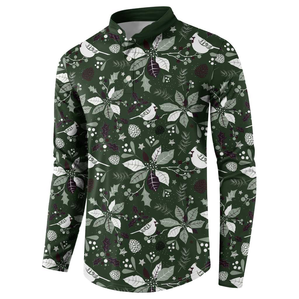 Green button sweatshirt with Christmas birds and leaves pattern, collar and placket