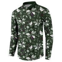 Green button sweatshirt with Christmas birds and leaves pattern, collar and placket