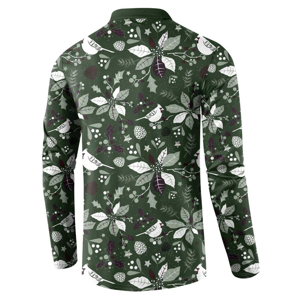 Green button sweatshirt with Christmas leaf and bird pattern, back view