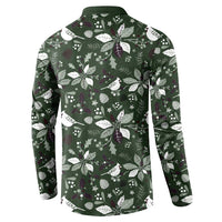 Green button sweatshirt with Christmas leaf and bird pattern, back view