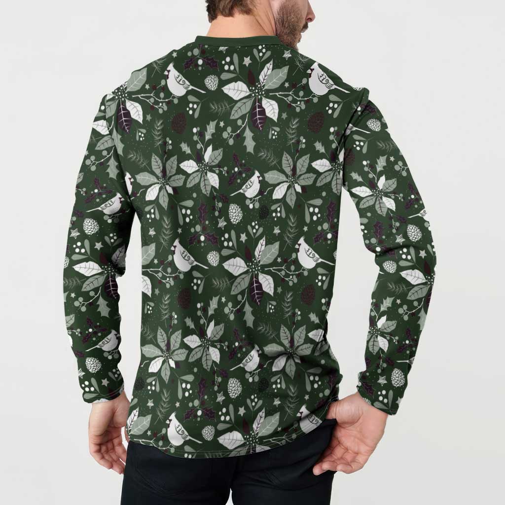Green button sweatshirt with Christmas leaf and bird pattern, back view on model