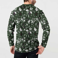 Green button sweatshirt with Christmas leaf and bird pattern, back view on model