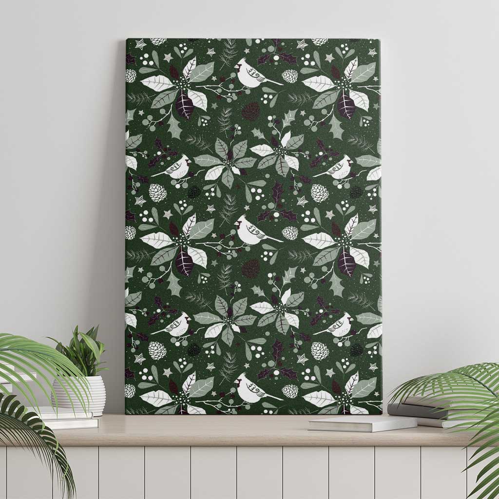 Green canvas wall art with repeating birds and winter foliage pattern, centered.