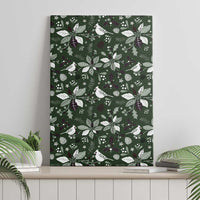 Green canvas wall art with repeating birds and winter foliage pattern, centered.