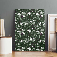 Green Christmas canvas wall art featuring birds, leaves, and berry pattern.