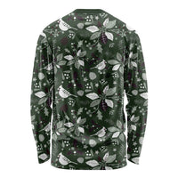 Unisex long-sleeve green shirt with white Christmas pattern, back view