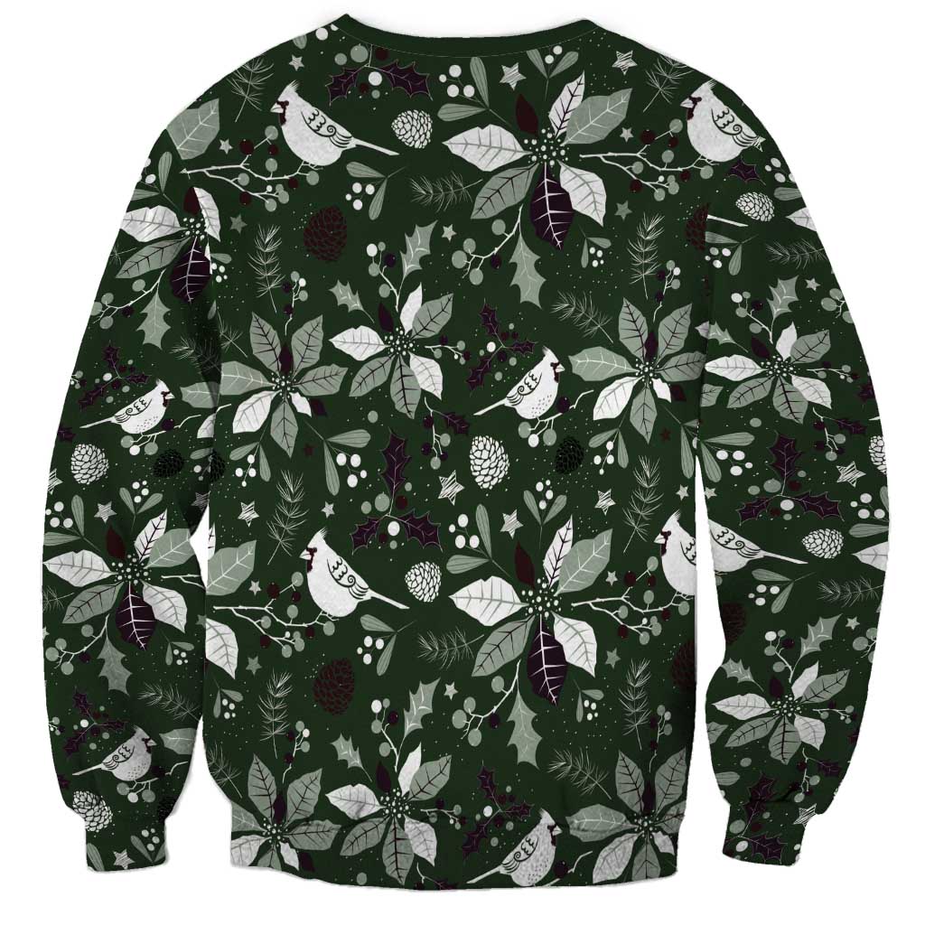 Unisex green sweatshirt with long sleeves and festive bird, leaf and berry pattern