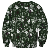 Unisex green sweatshirt with long sleeves and festive bird, leaf and berry pattern