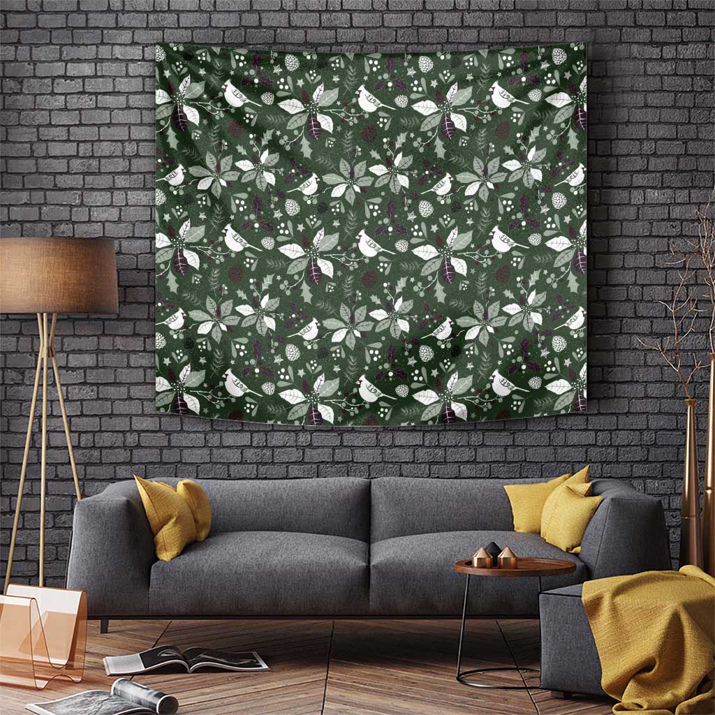 Green Christmas tapestry featuring repeating bird and leaf motifs, rectangular wall hanging