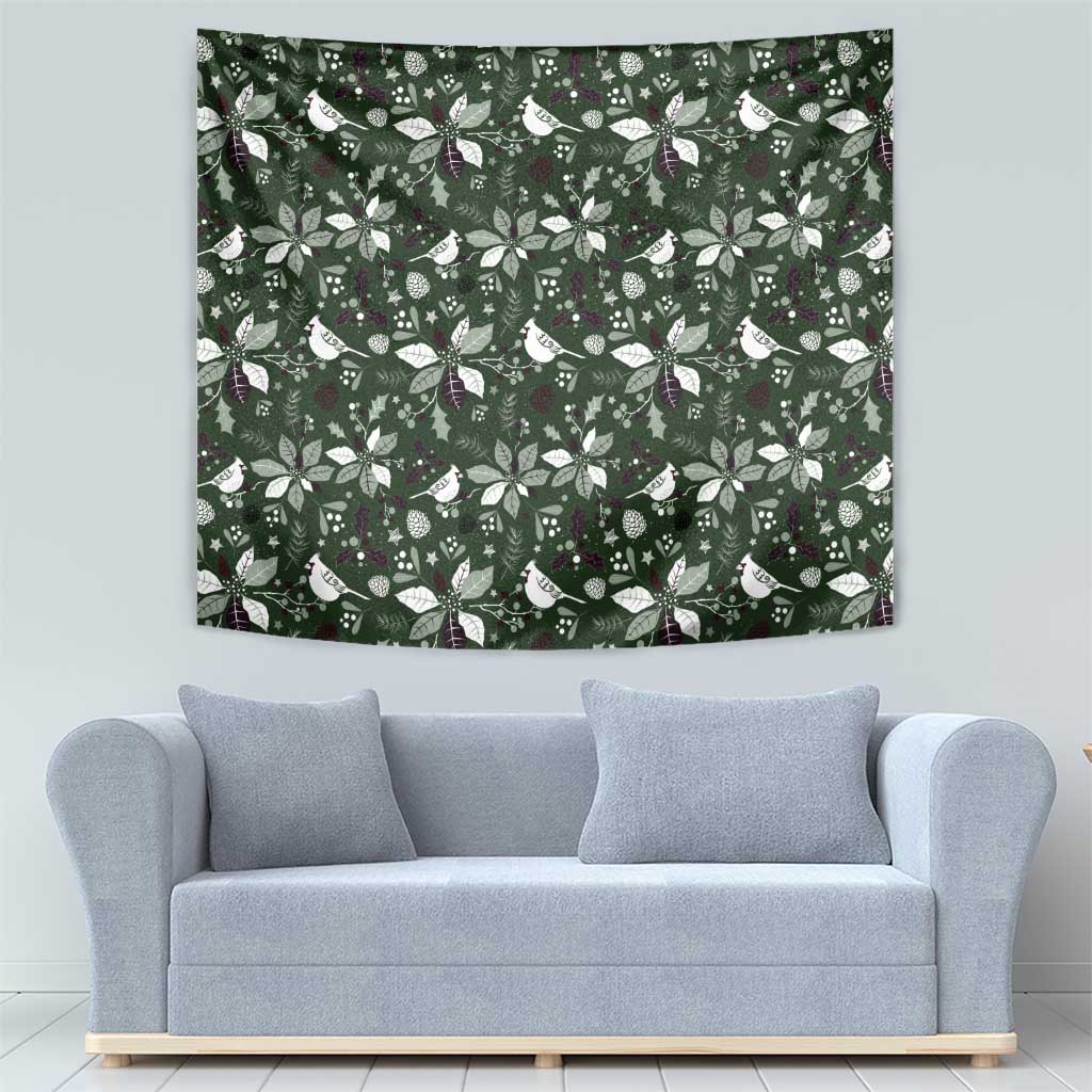 Green Christmas tapestry with repeating bird and foliage pattern, rectangular wall hanging
